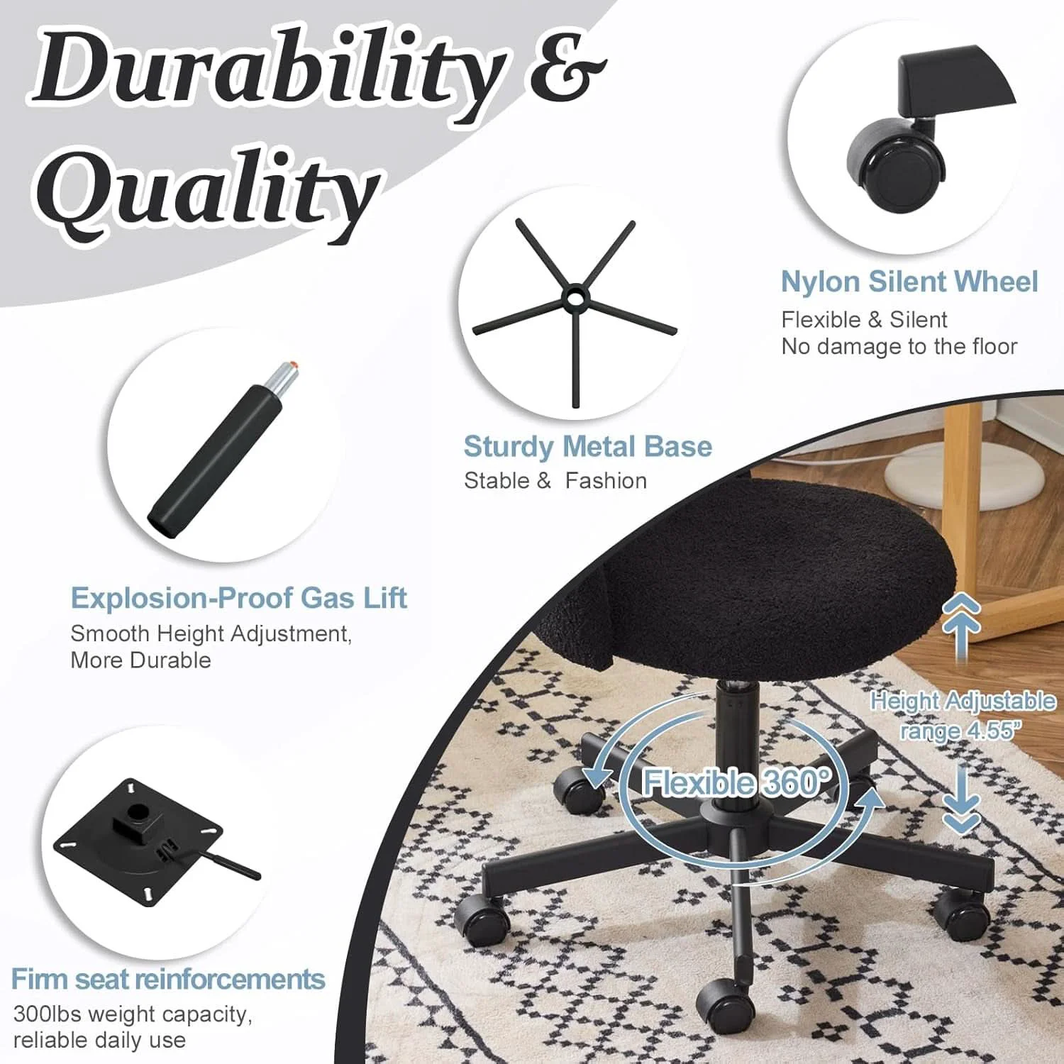 High-Performance Candy Chair Jet Black Armless Desk Chair With Teddy Fleece Versatile