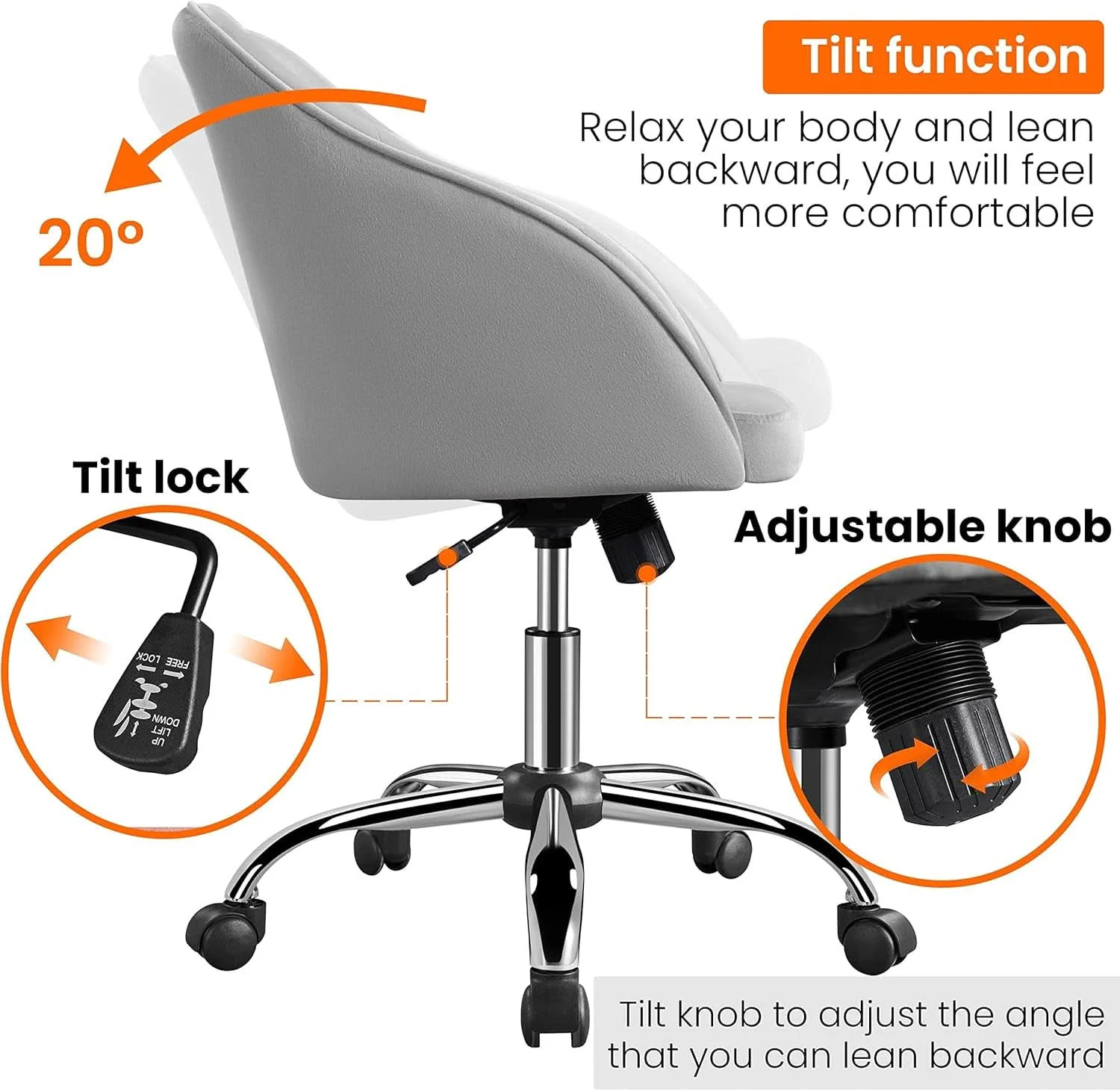 Carefully Designed Light Gray Velvet Desk Chair With Adjustable Tilt Arm Exclusive