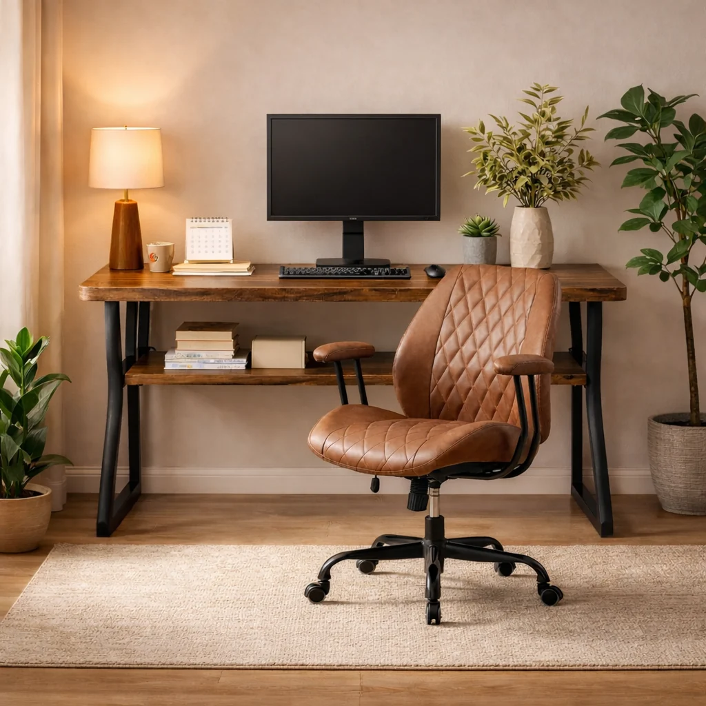 Prestigious 47 Inch Brown Computer Desk with Storage Shelf and Ergonomic Office Ch Professional