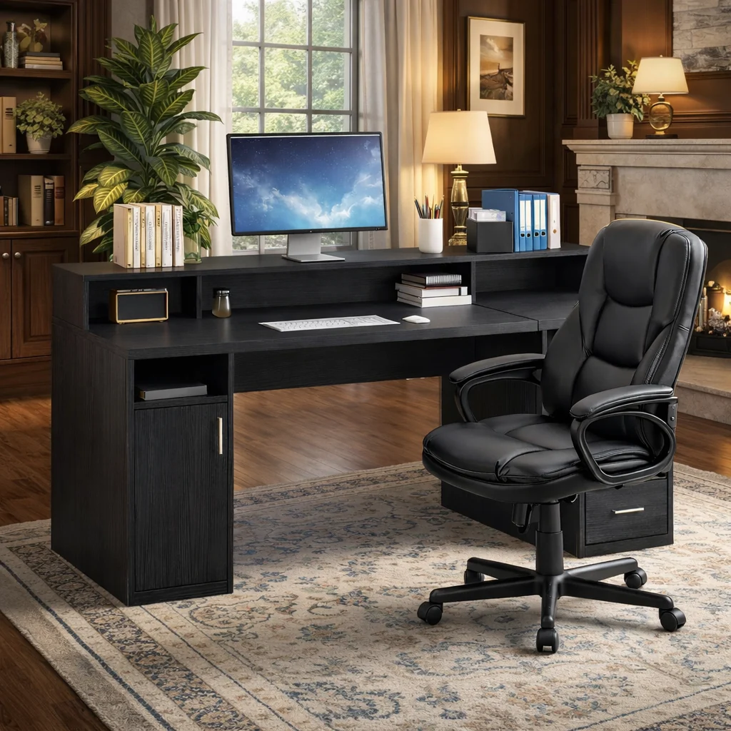 Proven 65 Inch Black Computer Desk with Storage Shelves 3 Drawer File Cabine Sophisticated