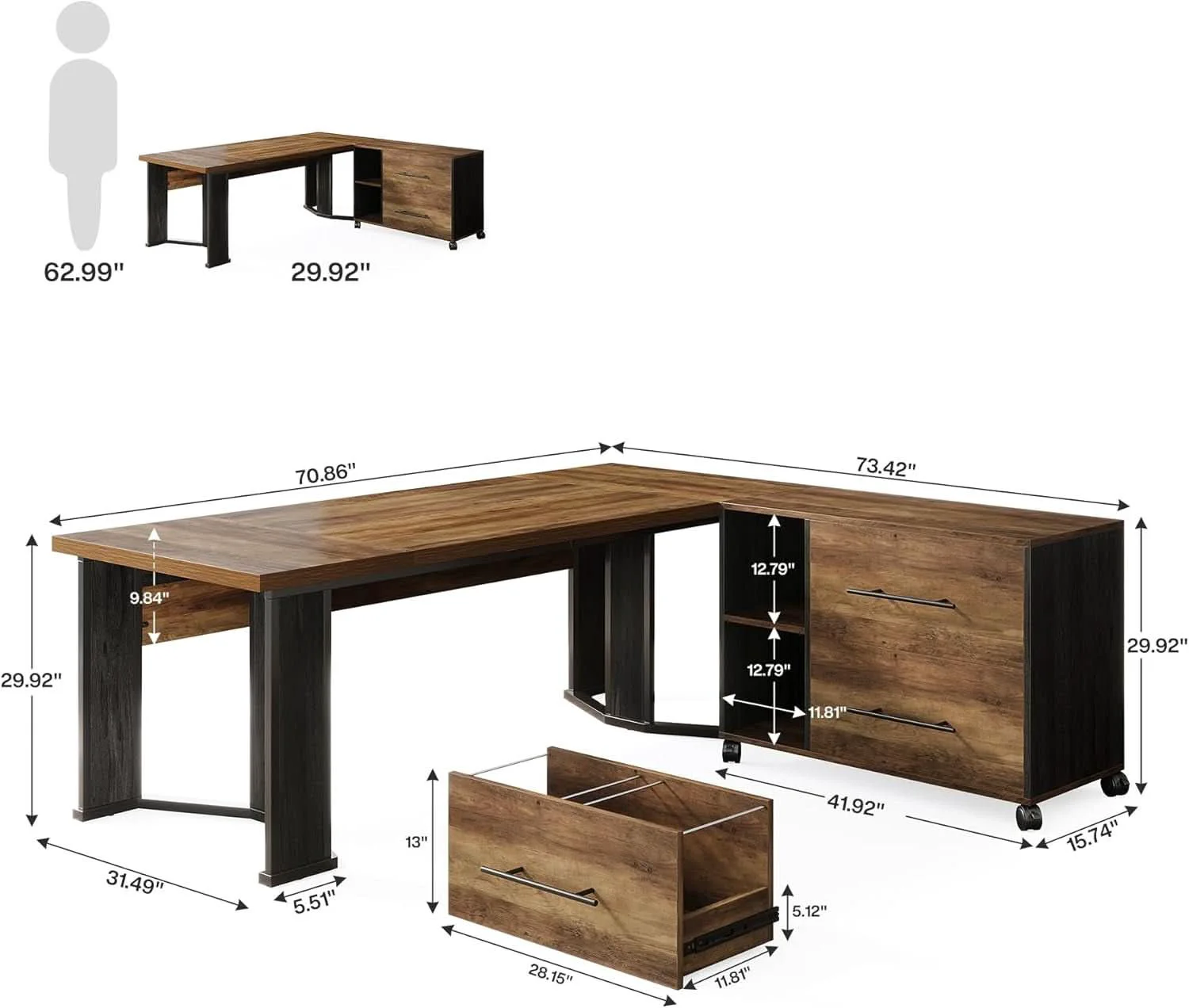Smart Large L Shaped Executive Desk with Mobile File Cabinet High-Quality