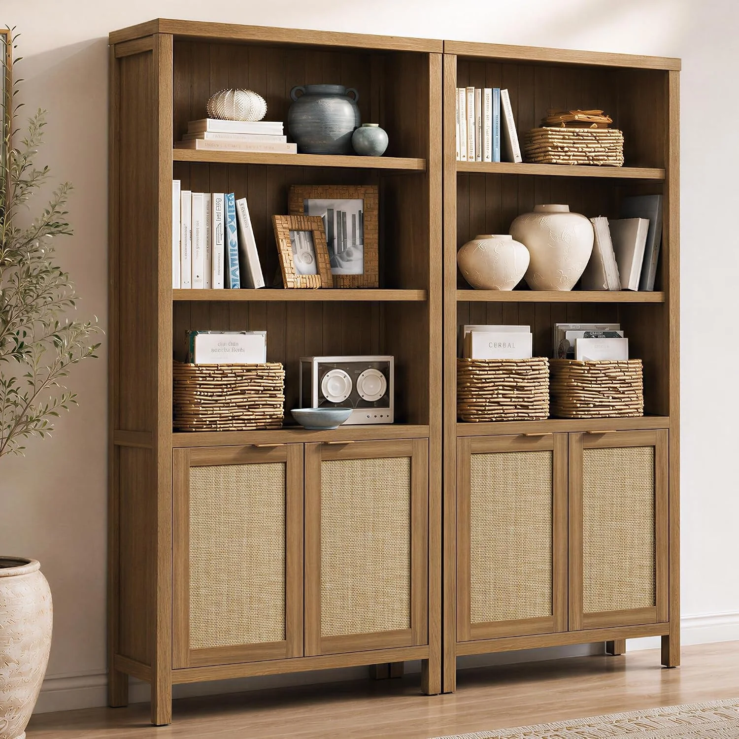 Classic Tall Rattan Bookcase Featuring Doors Adjustable Shelves Artisan