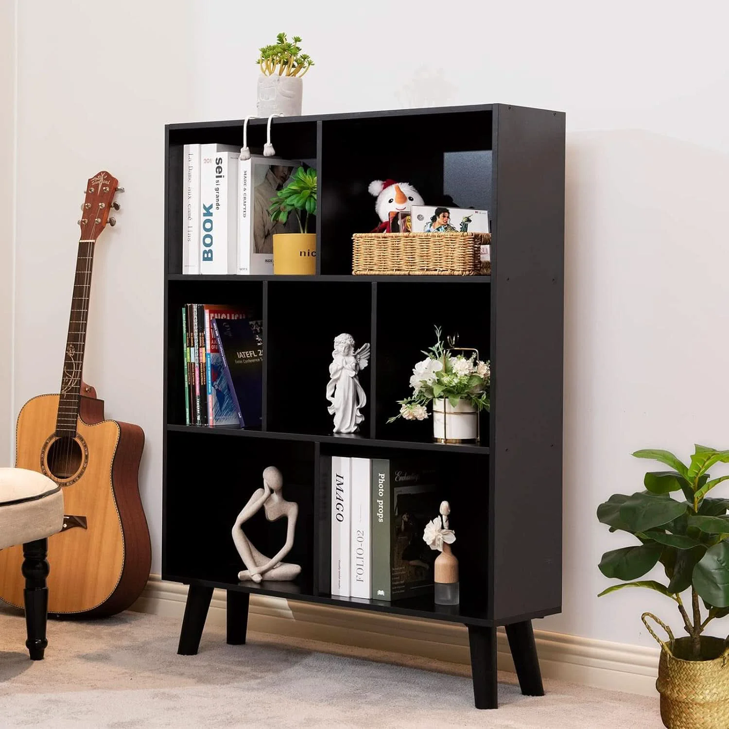 Secure Black standing Wooden Bookcase With Ample Storage Reliable