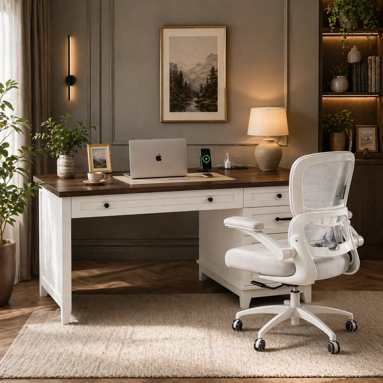 First-Class 53.54 Executive Desk with Drawers Charging Station with Ergonomic M Soft