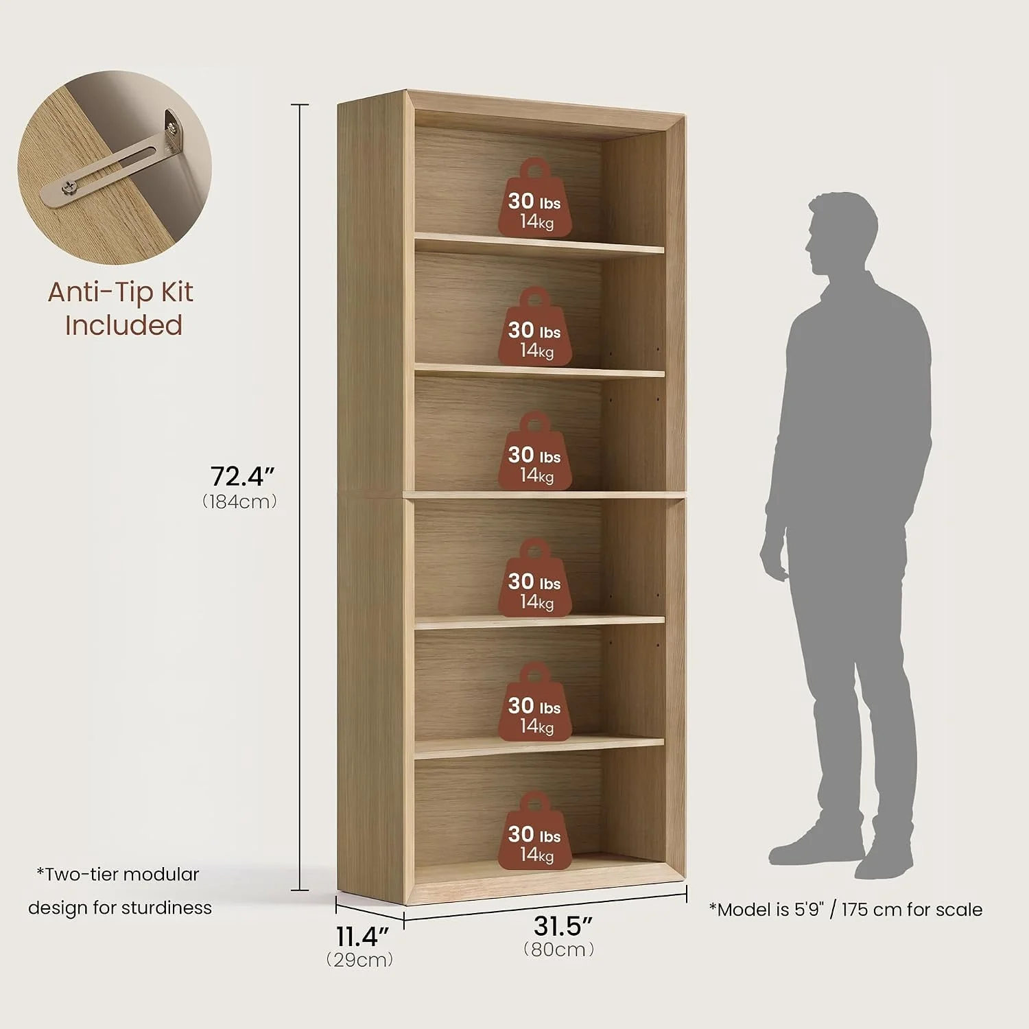 High-End 72 Inch Natural Wood Adjustable standing Bookcase User-Friendly