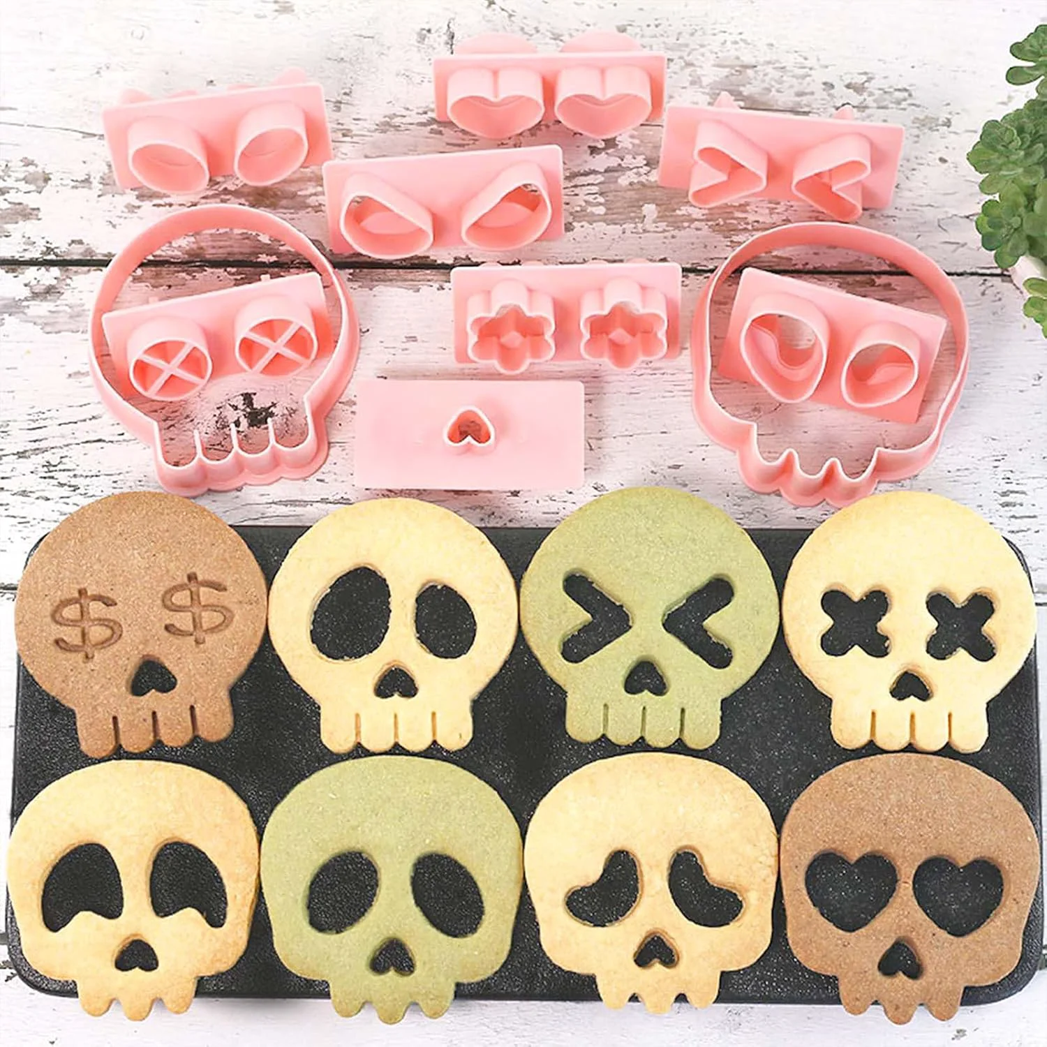 Lightweight Mini Skull Cookie Cutter Set Interchangeable DIY Halloween Día de los Muertos Biscuit Stamps 3D Raised Design Molds for Cookie Decorating Casual