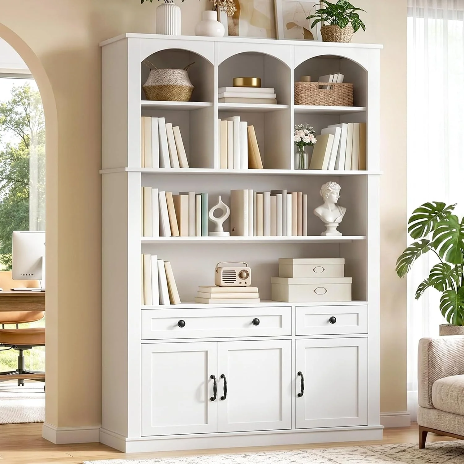 Authentic White Farmhouse Arched Bookcase Featuring Large Drawer Sophisticated