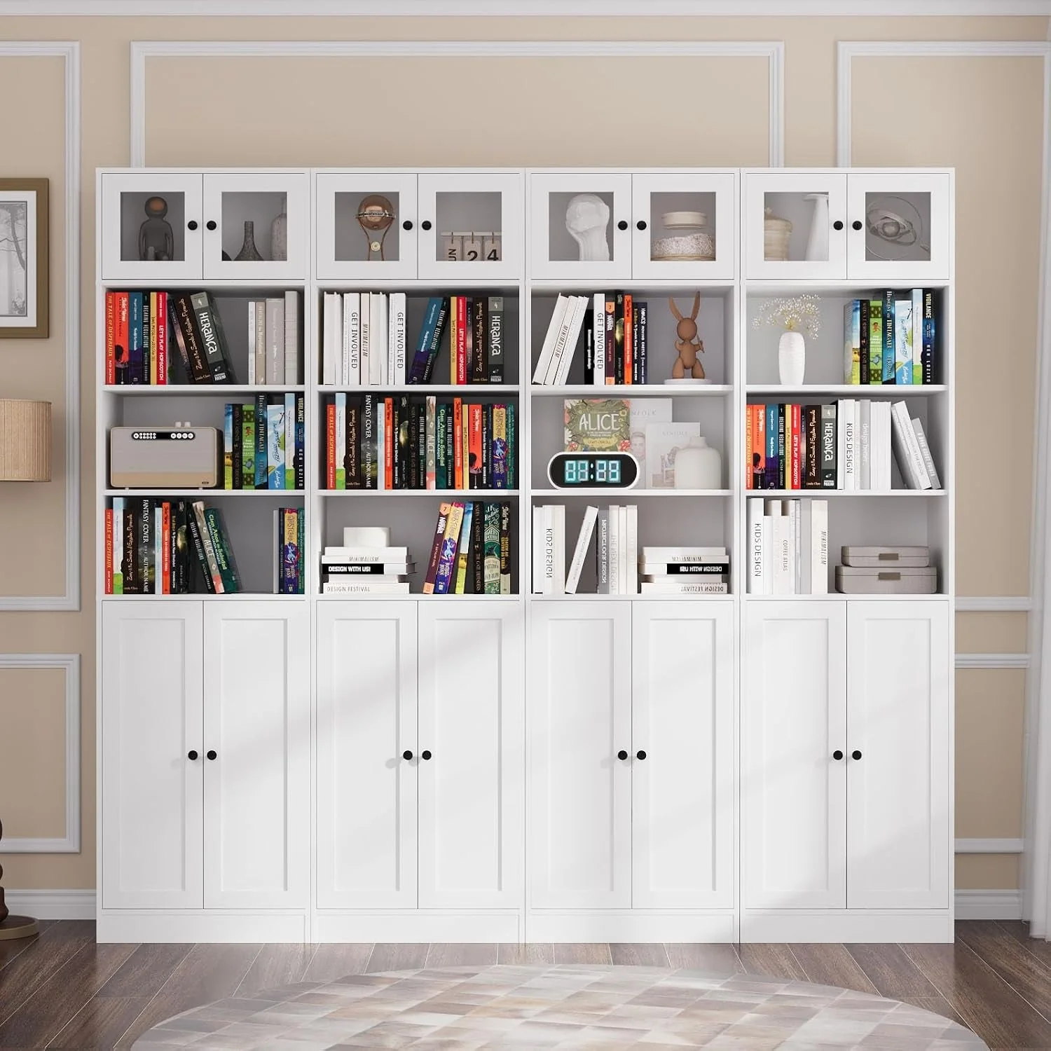 Healthy White Glass Doors Bookcase Featuring Practical Storage Design Efficient