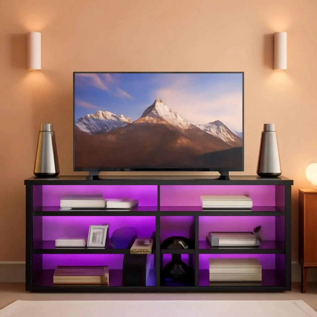 Optimized LED Tall TV Stand For 55-65 TV With Adjustable Shelves Natural