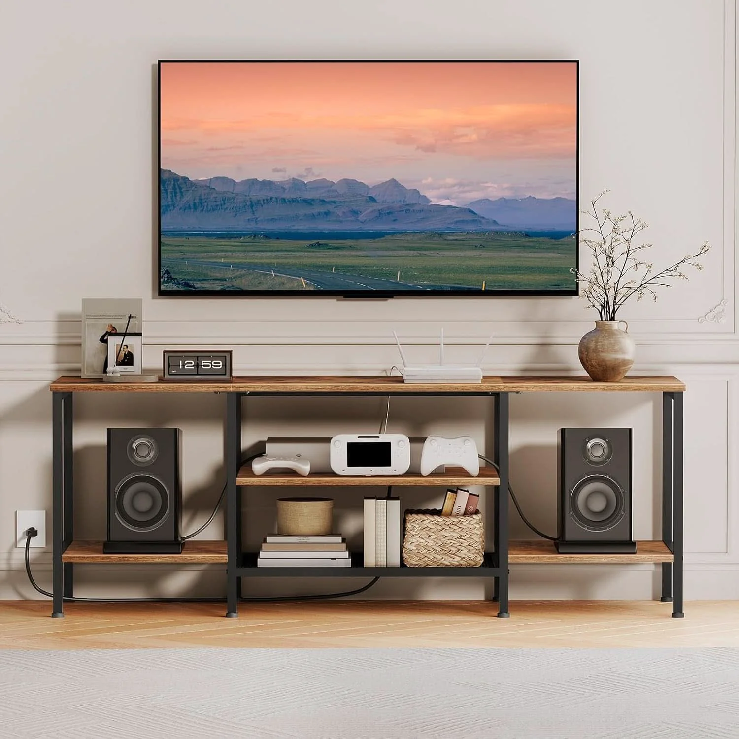 Casual TV Stand With Power Outlets For 65 Inch TV Open Shelves Functional