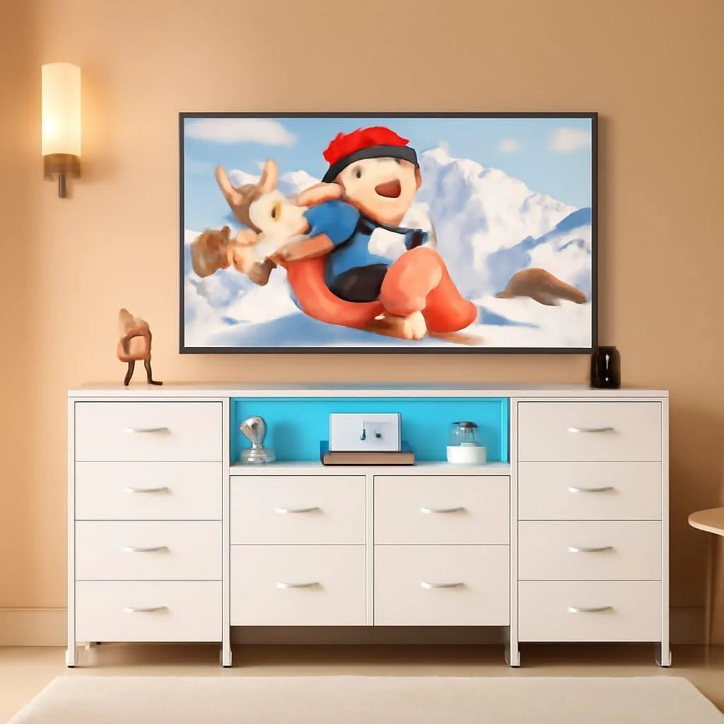 Minimalist White TV Stand Dresser With Integrated LEDs 65 To 75 Inch TV Practical