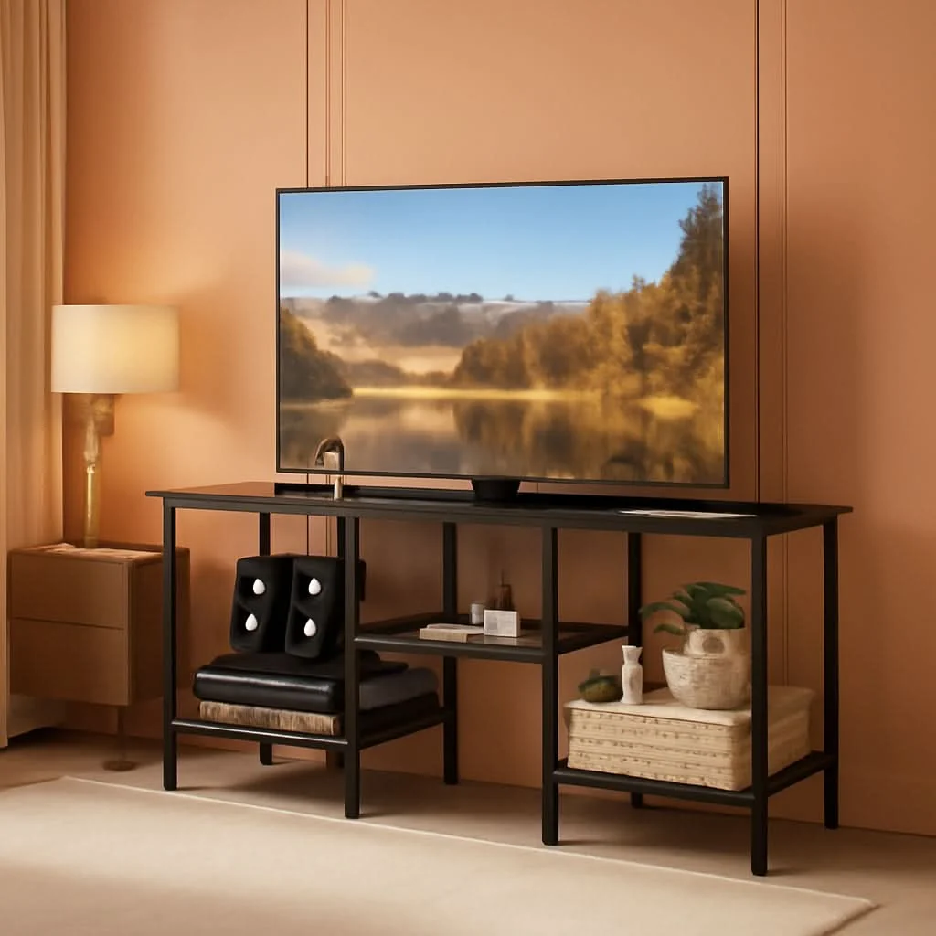 Recyclable Black Living Room TV Stand Integrated Charging Outlets Functional