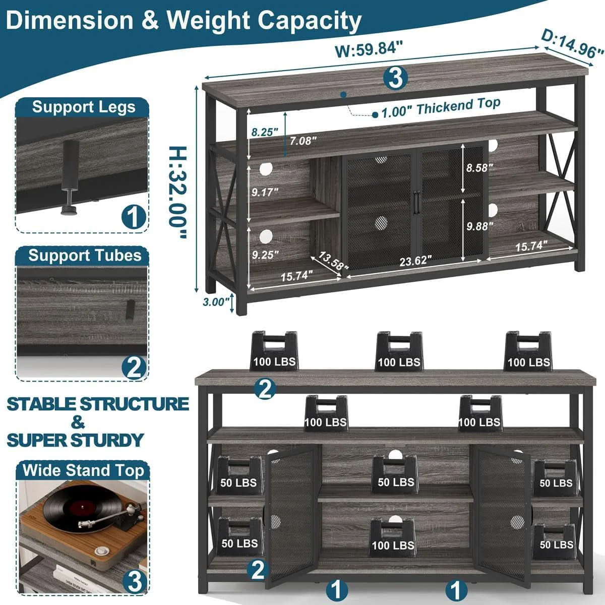 Innovative Tall TV Stand for 65 Inch TV With Storage Cabinet Grey Oak Safe