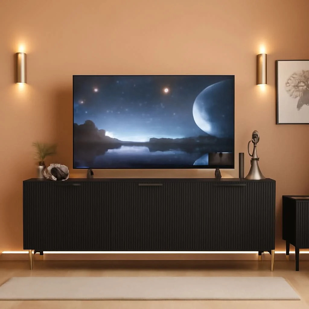 Prestigious Black TV Stand for 80 Inch Televisions Entertainment Contemporary
