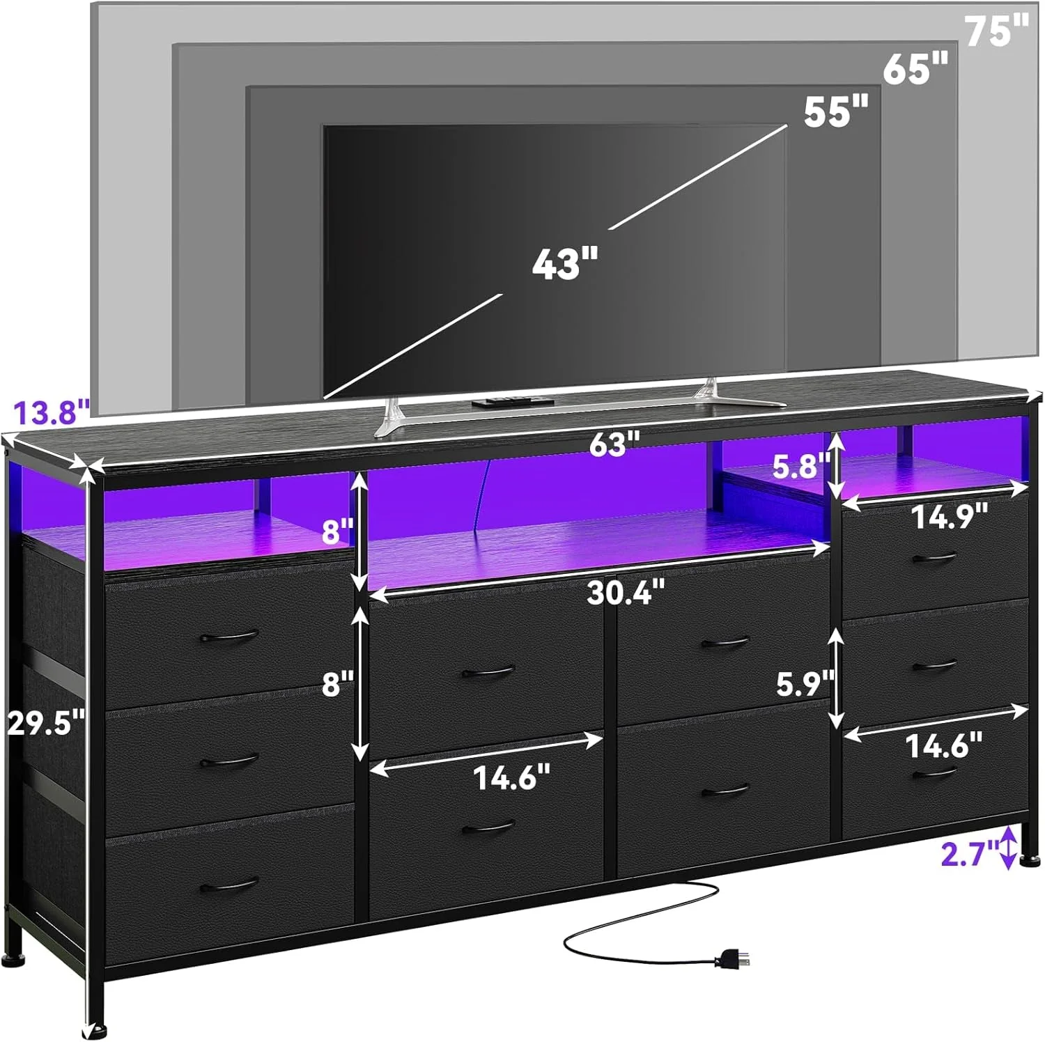 Powerful 63 Inches Black Dresser TV Stand Entertainment Center Refined