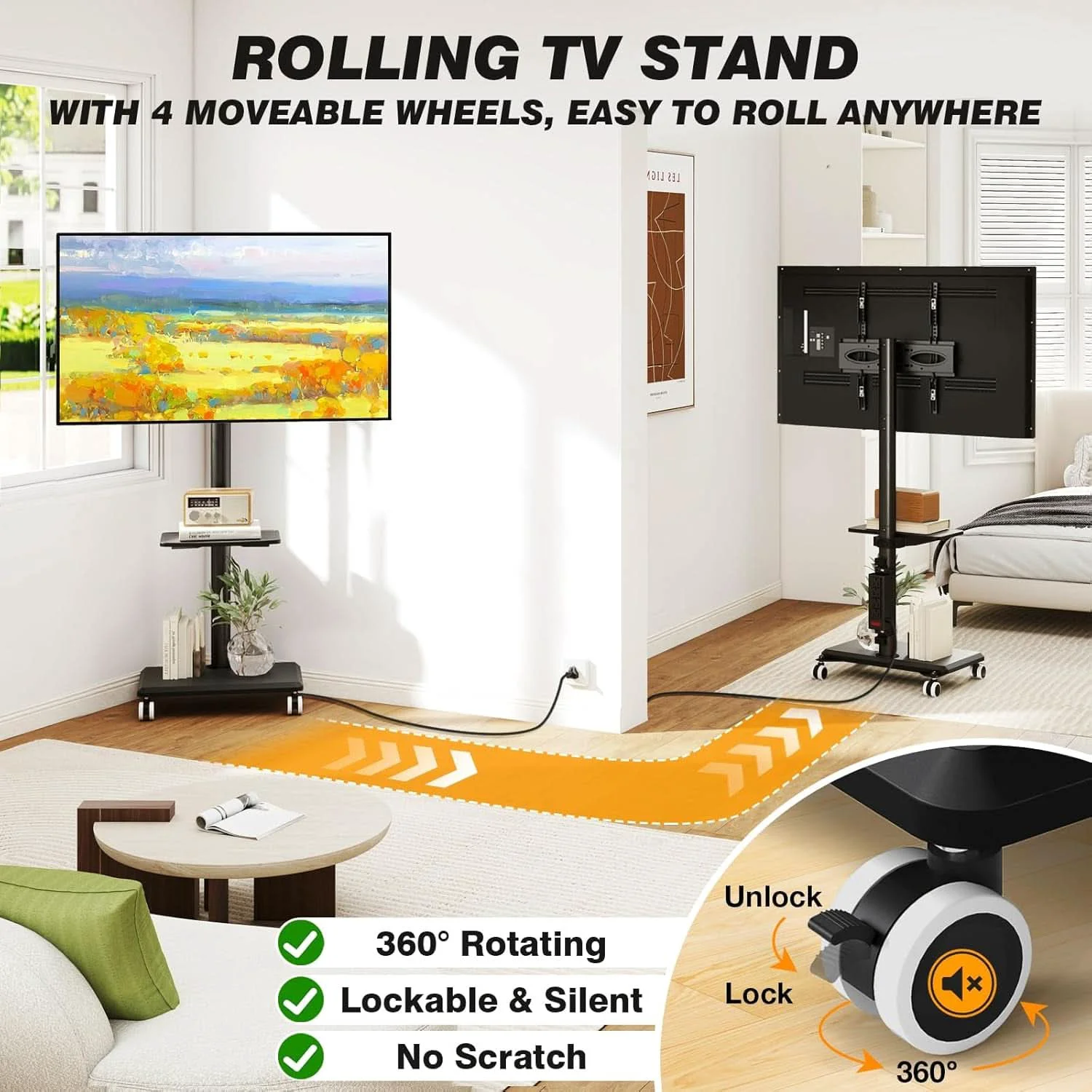 Specialty Black Rolling TV Stand With Integrated Storage Shelving Elegant