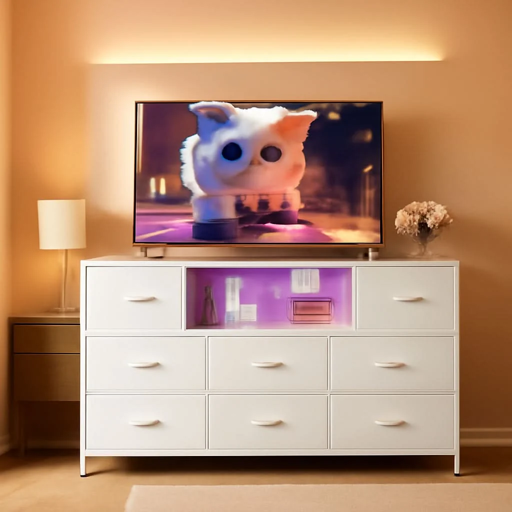 Effective White Dresser TV Stand for 55 Inch TV with Charging Station LED Lights Smart