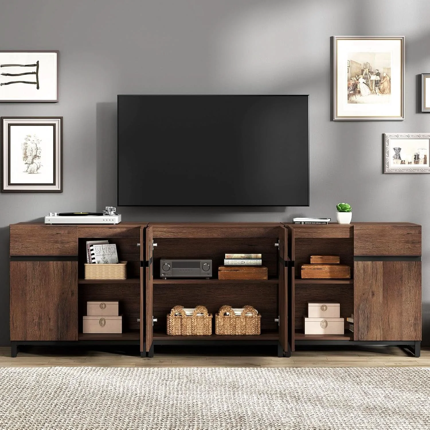 Next-Generation Brown 3 In 1 TV Stand For 100 Inch TV Adjustable Shelves Metal Base Quality