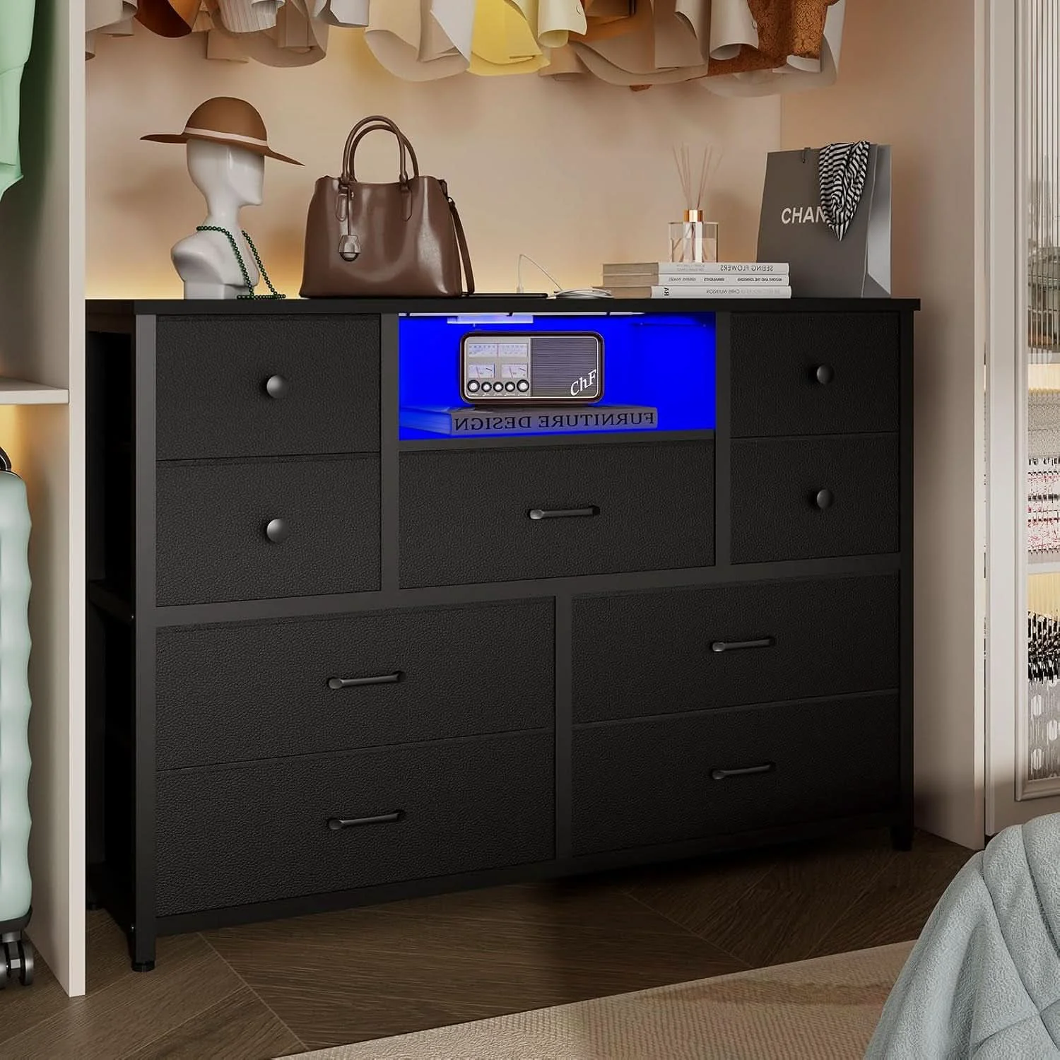 Sustainable Charcoal Nine Drawer Wardrobe TV Stand With LED Lighting Dependable