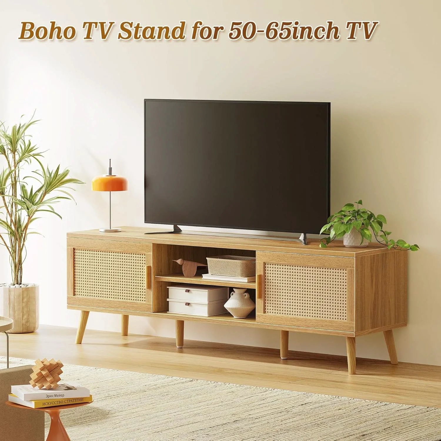 High-End 65 Inch Boho TV Stand With Rattan Entertainment Center Powerful