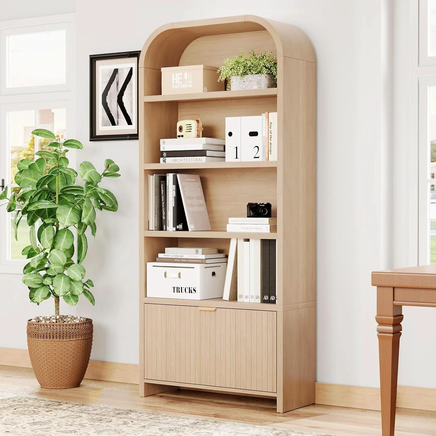 Organic Arched Bookcase With Fluted Drawer Seventy Inch Natural Detailed