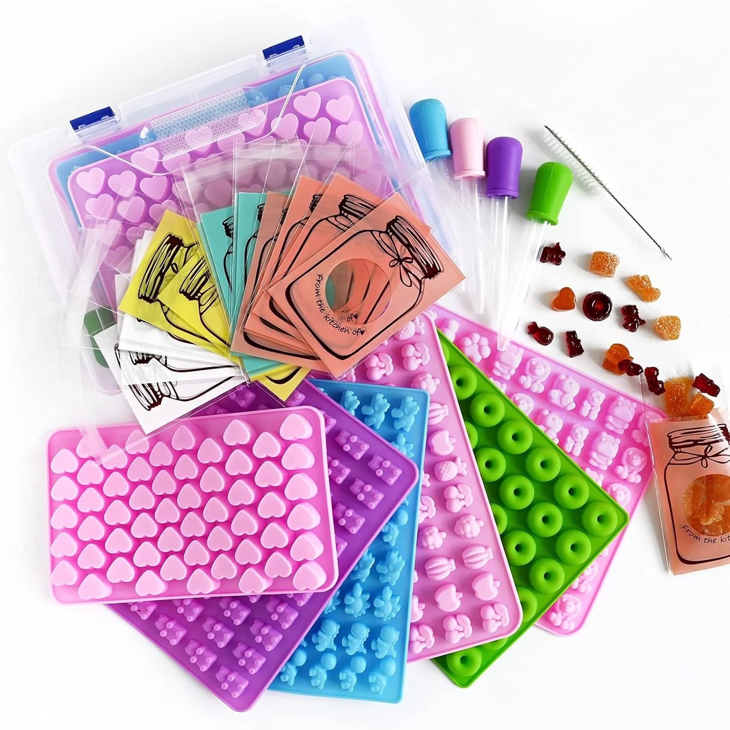 Environmentally Friendly Gummy Bear Molds Silicone 32PCS Non-stick Chocolate Candy Mold 18 Shapes for 327 Candies With 4 Droppers Clean Brush Storage Box 20 Wrappers Comfortable