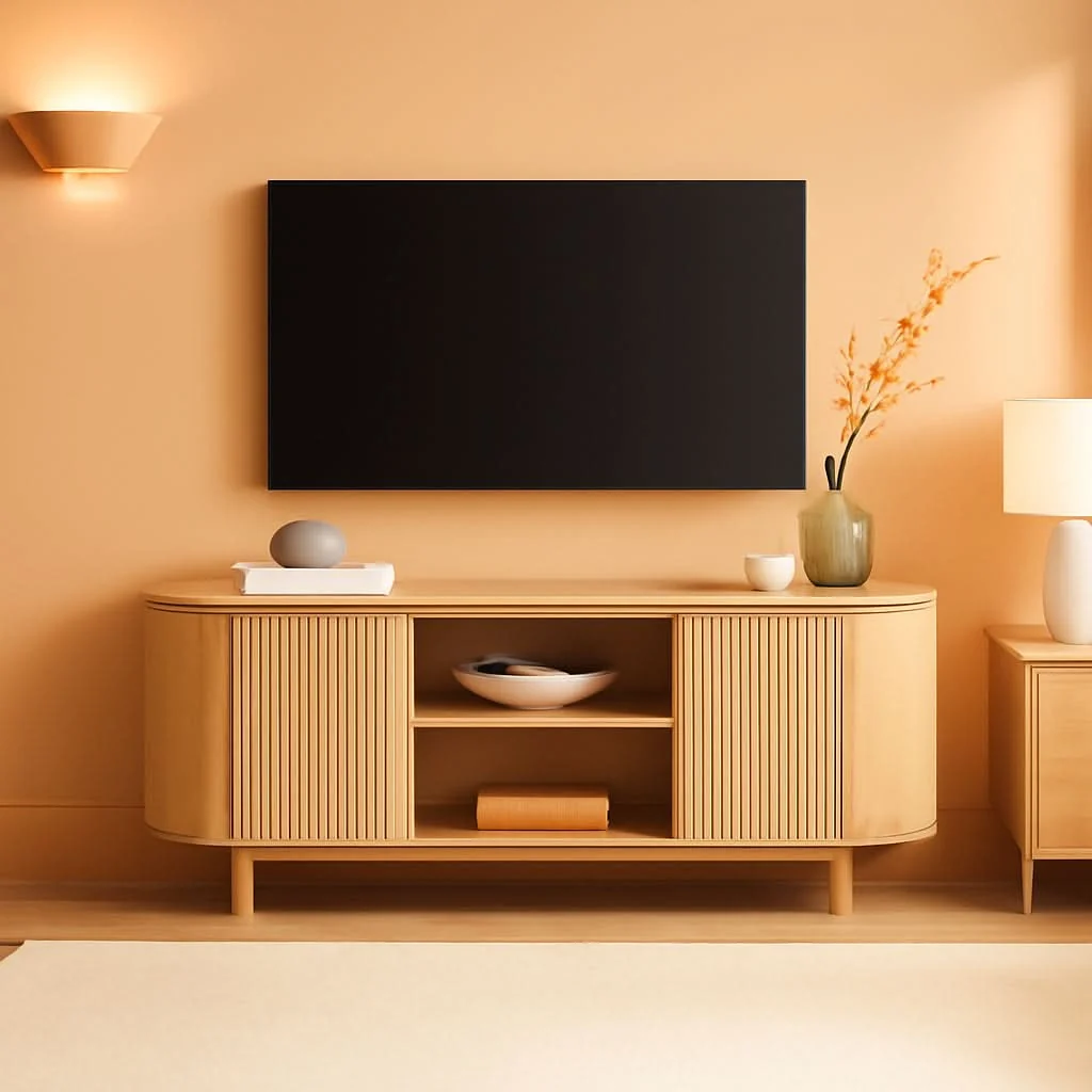 Verified Sixty FiveInch Curved Premium Coastal Oak Finish TV Stand World-Class