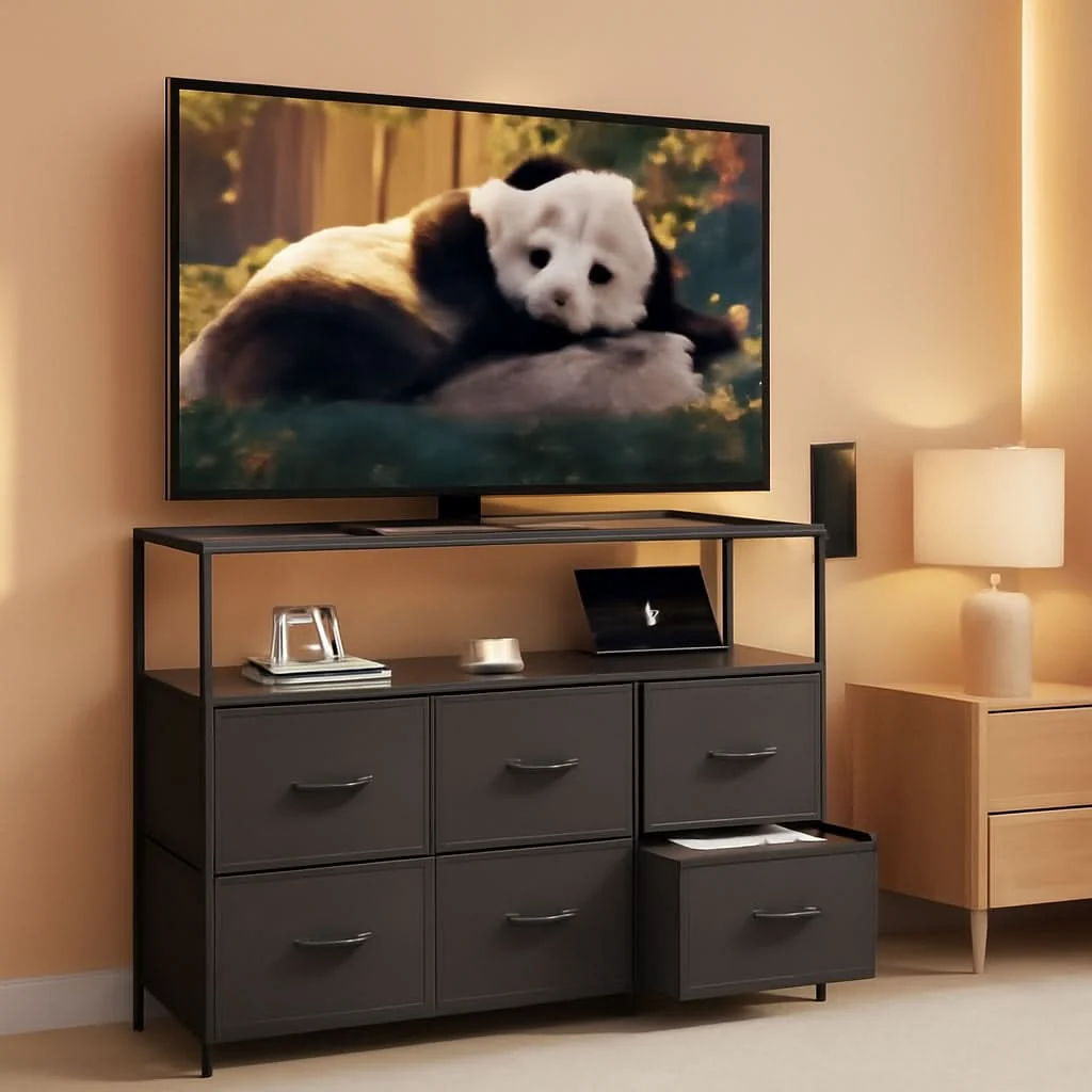 High-Grade Dresser TV Stand Black With Built In Charging Station Superior