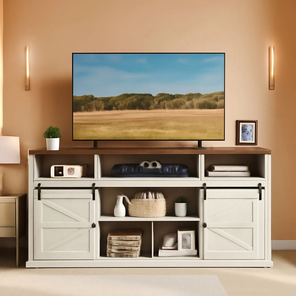Sophisticated Rustic White Honey Brown Seventy Five Inches TV Stand Original Design