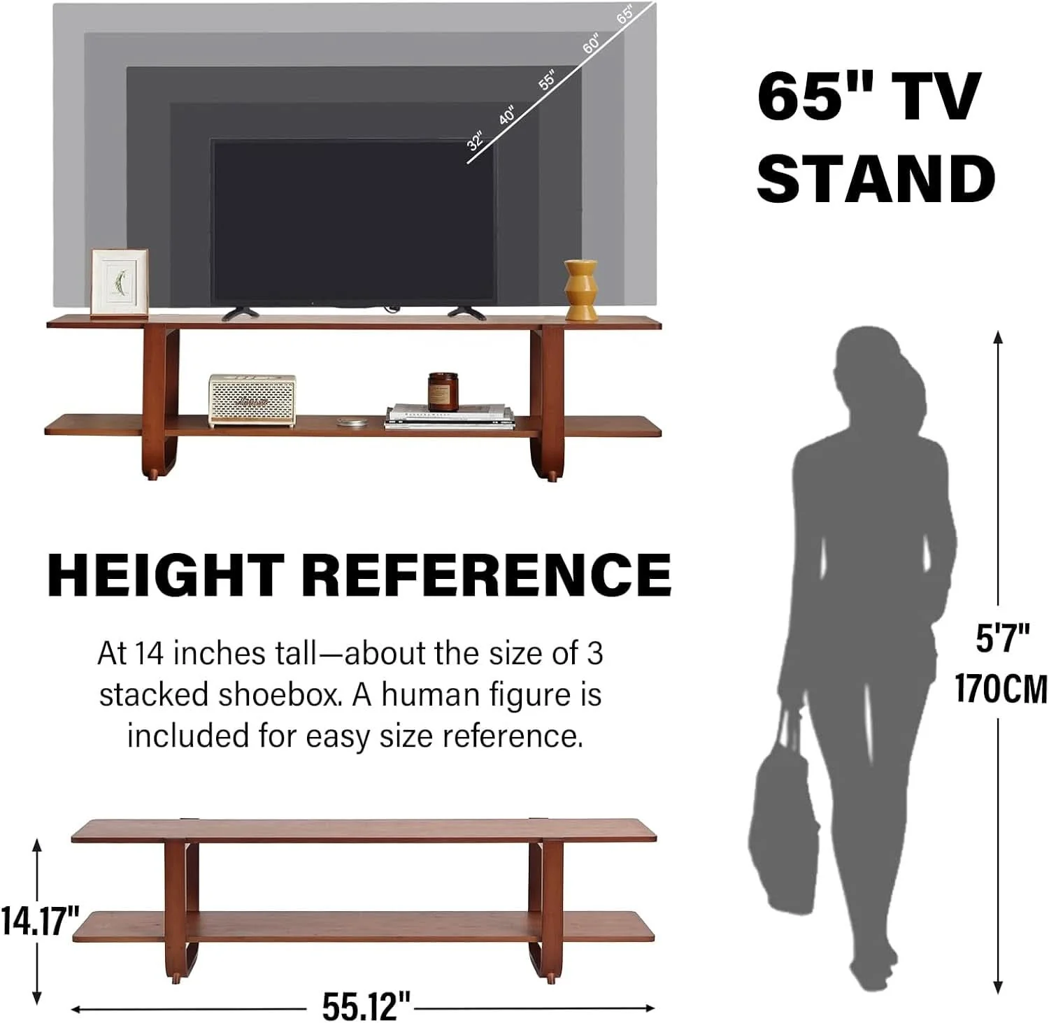Official Bamboo TV Stand 65 Inch Walnut Stain Durable Console Expertly Made