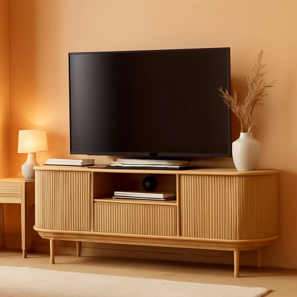 Exceptional 63 Inch Fluted Natural Wood TV Stand Entertainment Center Official