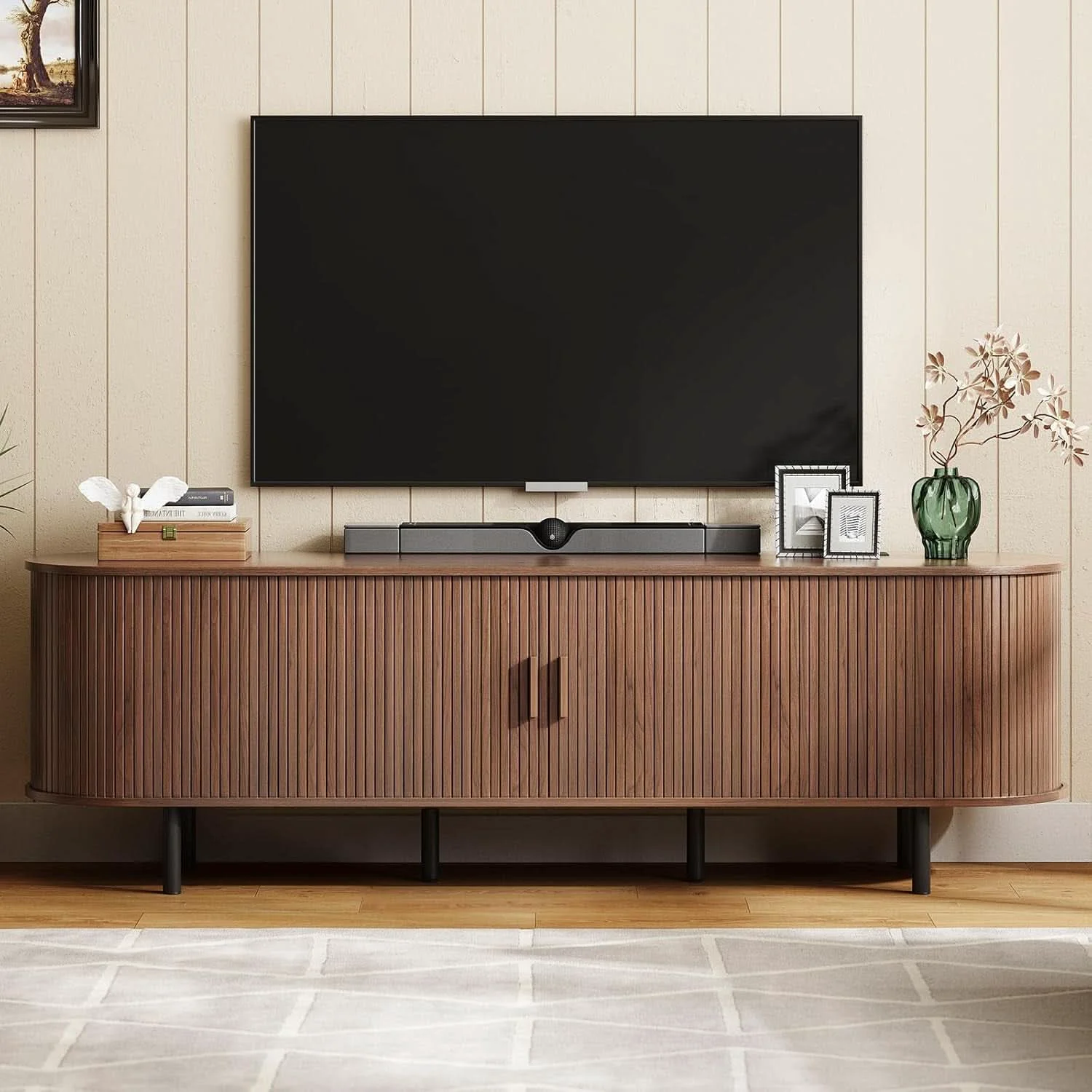 Excellent Walnut Seventy Inches TV Stand Sliding Doors Entertainment Center High-Grade