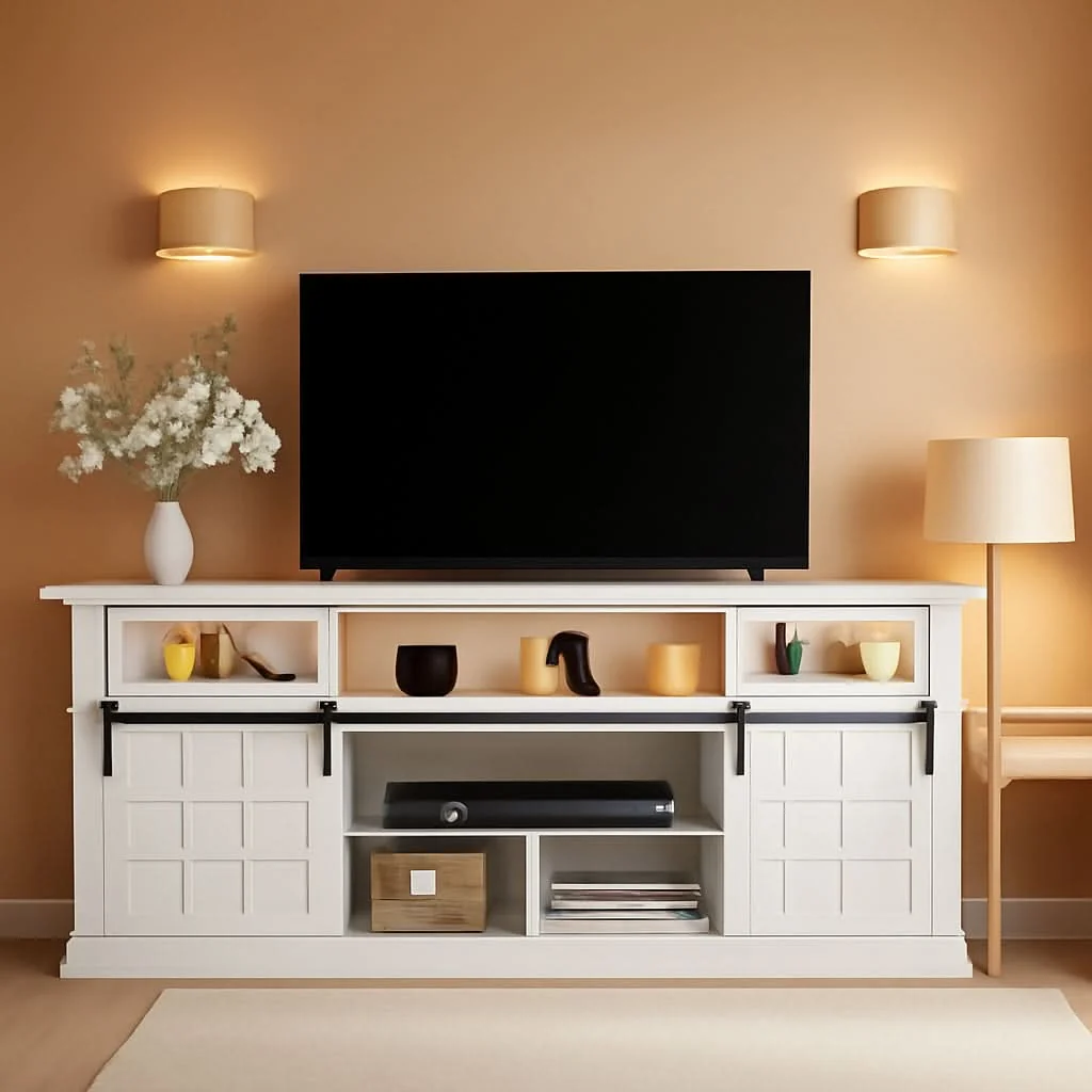 Exclusive 70Inch LED TV Stand Farmhouse White USB-Power Outlets Healthy