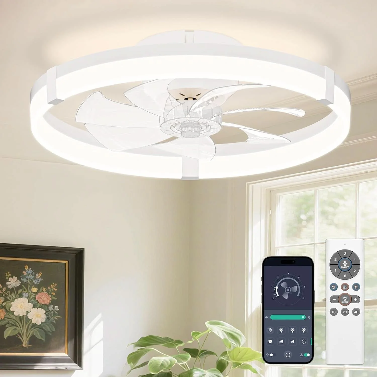 Traditional Flush Mount Ceiling Fan With Dimmable LED Lights White Versatile