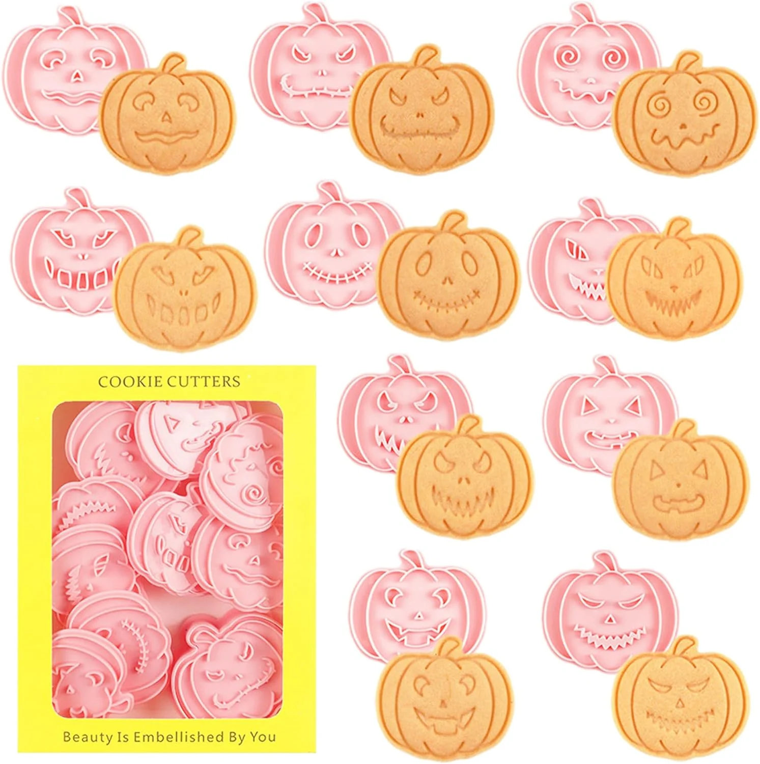 Crafted 10 Pcs Halloween Cookie Cutters Set with Plunger Stamps 3D Pumpkin Plastic DIY Cookie Molds for Halloween Party Treat Baking Fondant Refined