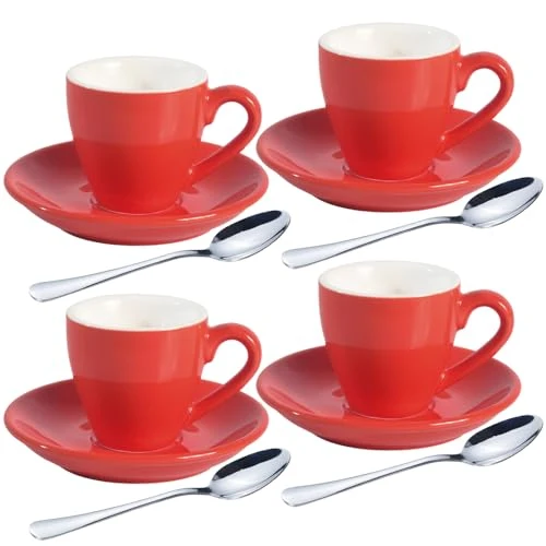 Elegant Porcelain Espresso Shot Cup Set with Saucers and Stainless Steel Spoons 4 Count Convenient