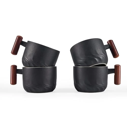 Soft 6oz Ceramic Espresso Cups with Wooden Handle 4 Count Artisan
