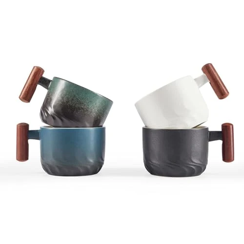 Effective 6 Oz Ceramic Espresso Mugs with Wooden Handle 4 Count Clean