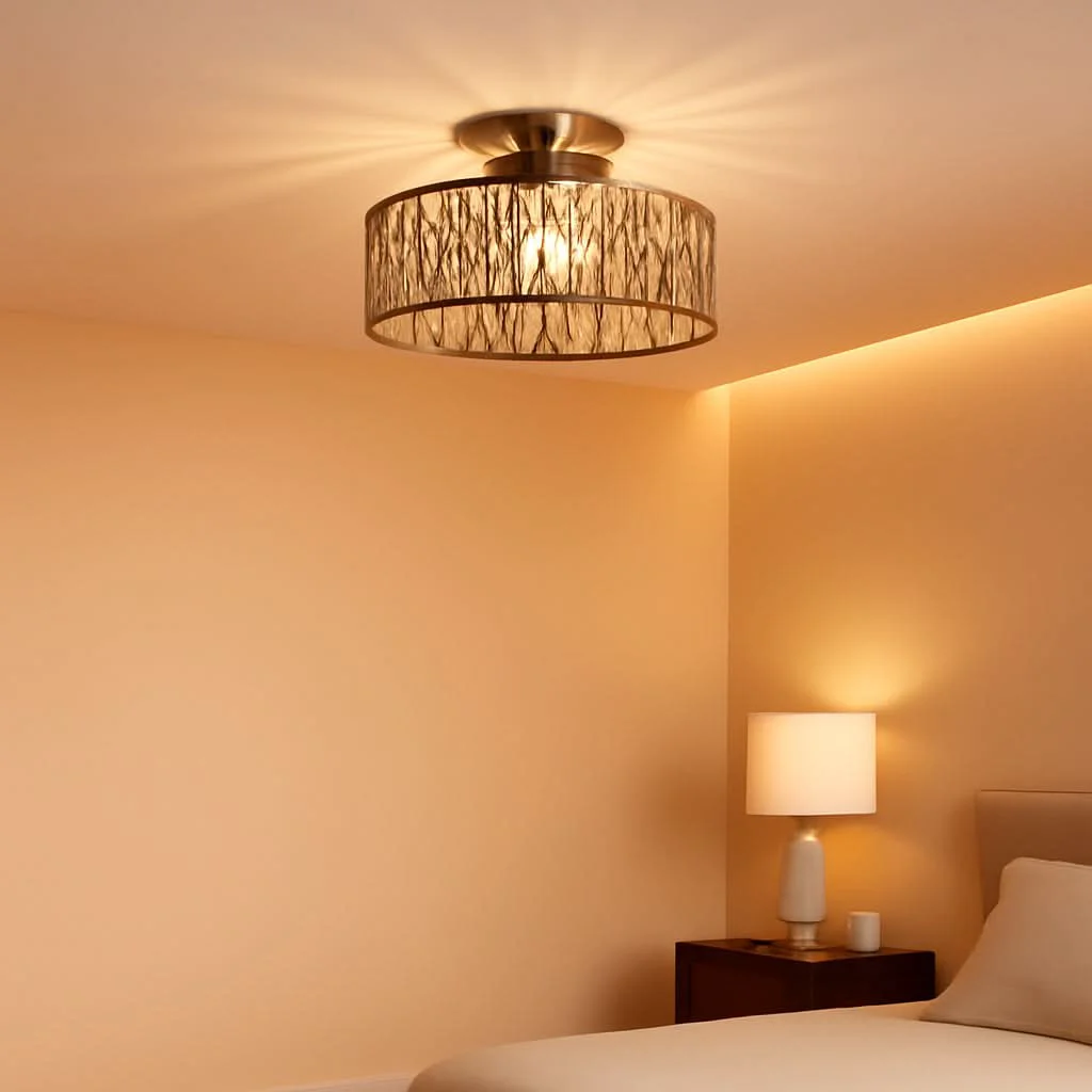 Original Boho Rattan Grey Ceiling Light Fixture Dimmable LED Bulbs Elegant