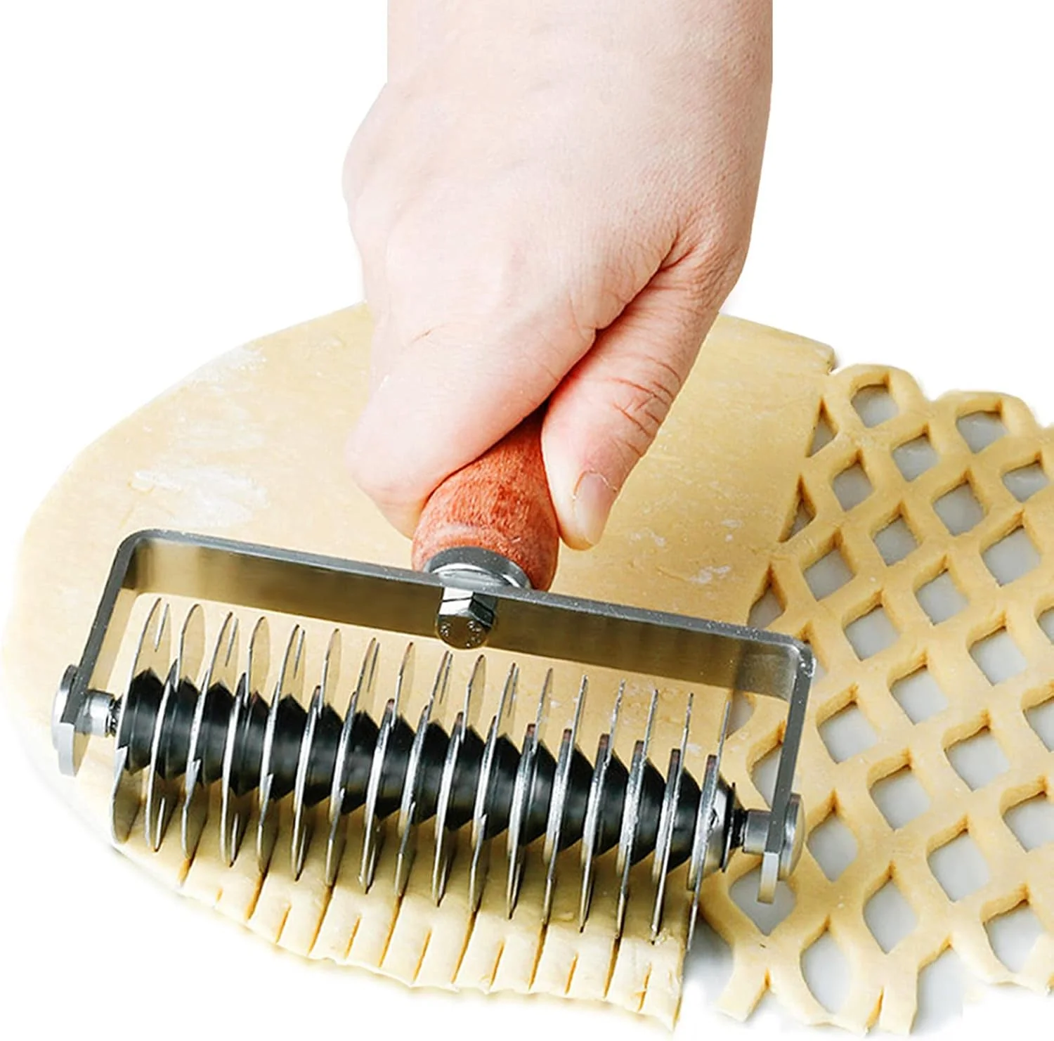 Breathable Stainless Steel Lattice Dough Cutter with Wood Handle Pie Pizza Pastry Roller maker Bread Biscuit Maker Enhanced