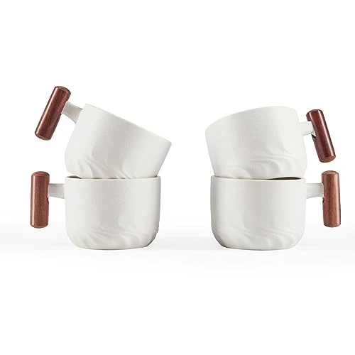 High-End 6oz Ceramic Espresso Cups with Wooden Handle 4 Count Refined
