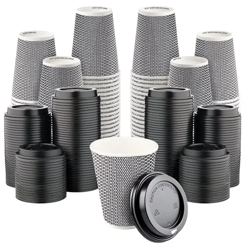 Fine Crafted 12 oz Disposable Paper Coffee Cups with Lids Insulated Double 400 Count Durable