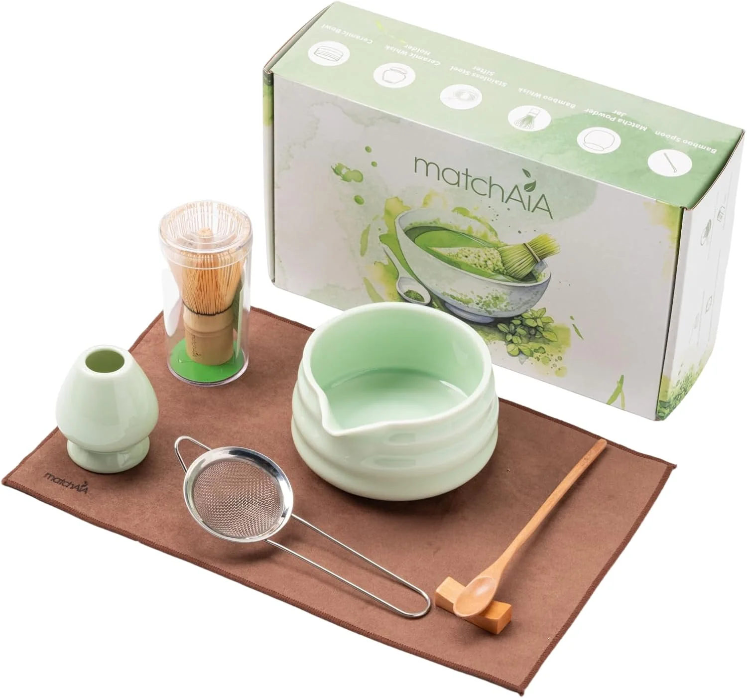 Organic 7 Pcs Matcha Set – Ceramic Bowl Bamboo Whisk with Holder Sifter Schima Spoon Spoon Rest and Tea Towel Comfortable