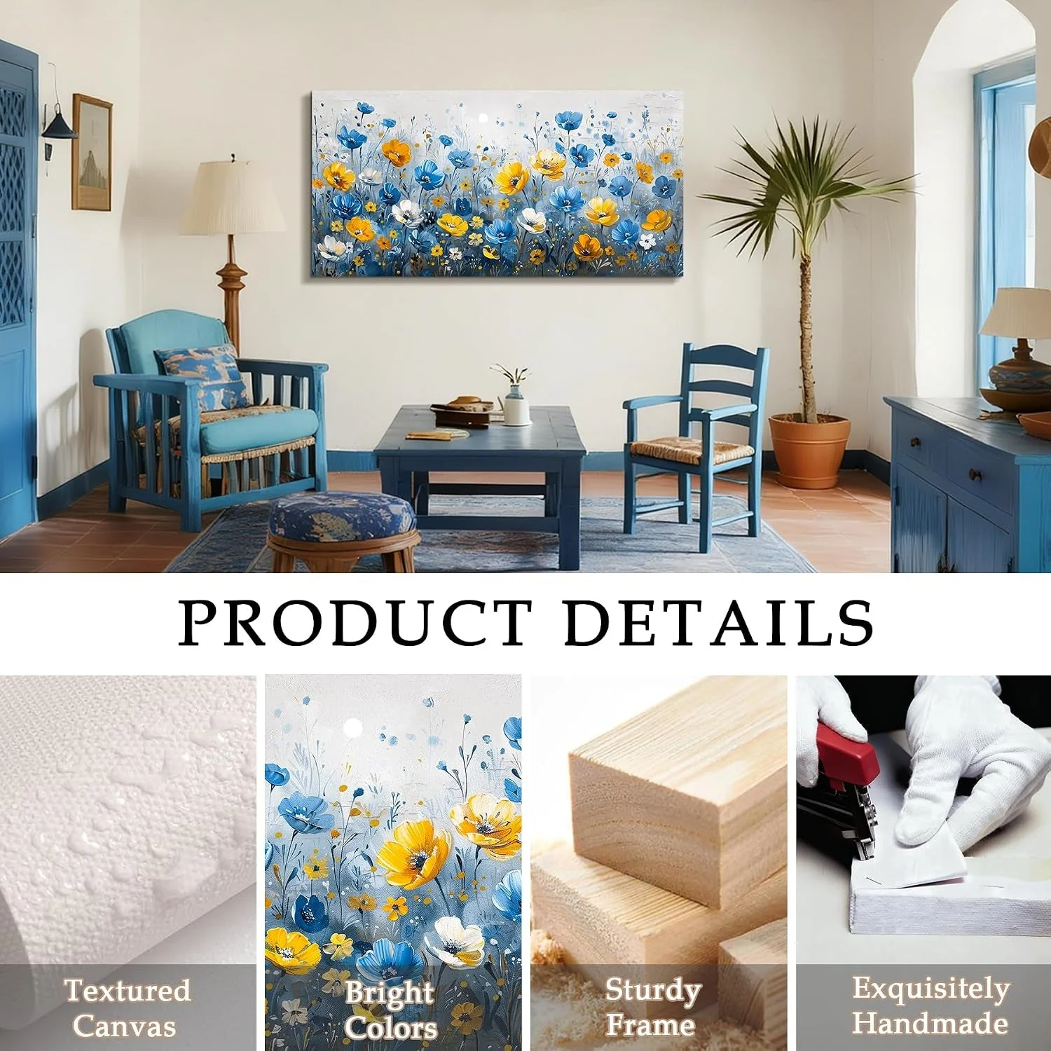 Recyclable Cerulean Yellow Wildflower Wall Art TwentyByFortyInch Canvas Enhanced