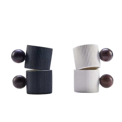 Stylish Ceramic Mini Espresso Cups Demitasse Cups with Round Wooden Handle Vertical Stripes Tea Cups 4 Count Versatile