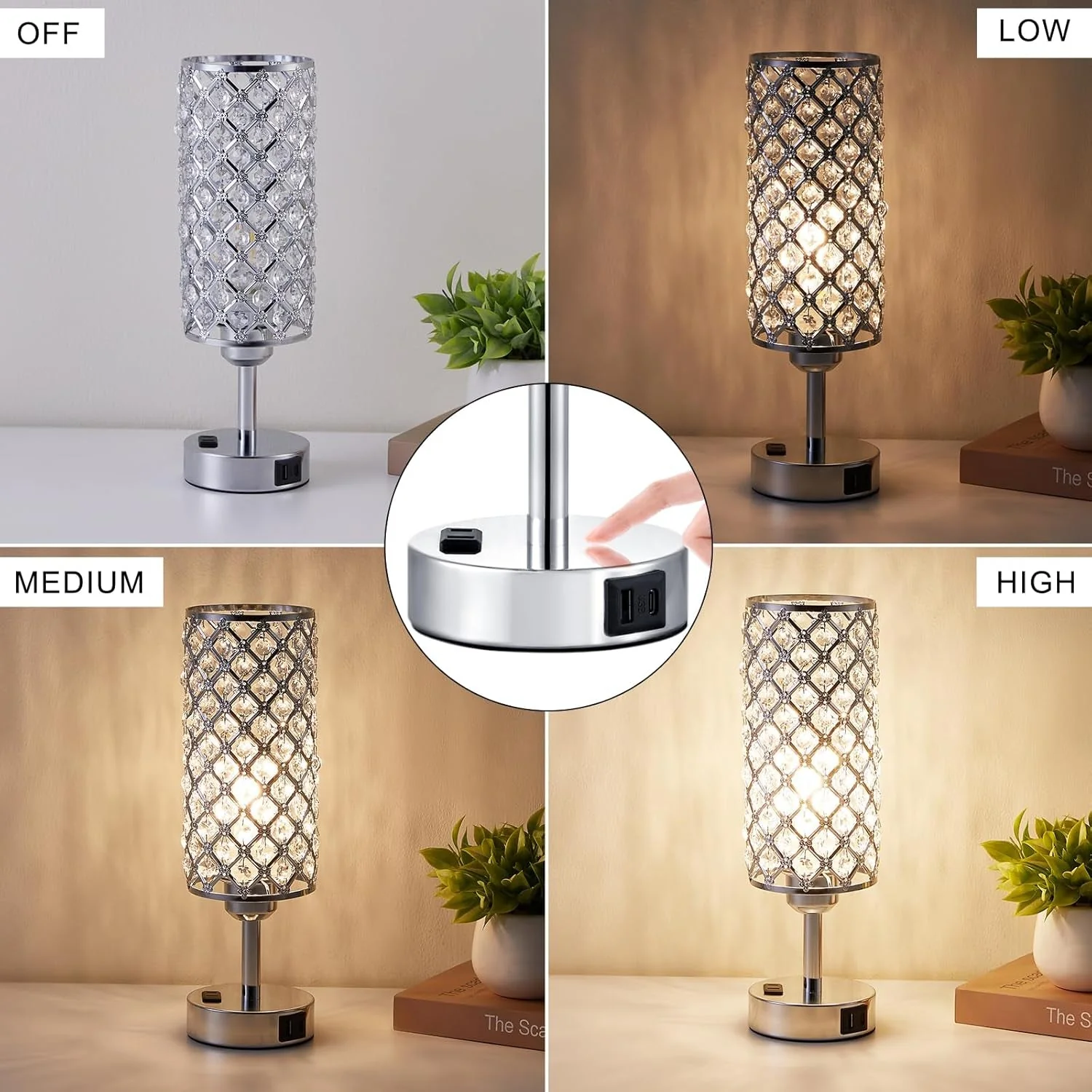 Premium Crystal Diamond Nightstand Lamps Set Silvery Finish Advanced