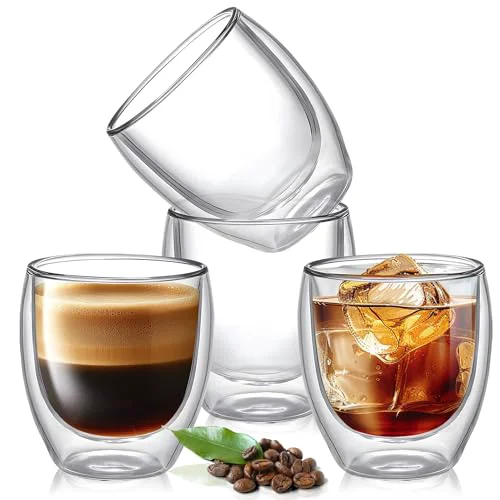 Genuine 5 Ounces Set of 4 Double Walled Glass Coffee Mugs Insulated Layer Coffee Cups Borosilicate Glass Espresso Double Insulated Clear Glass Coffee Mug for Hot Beverages 4 Count User-Friendly