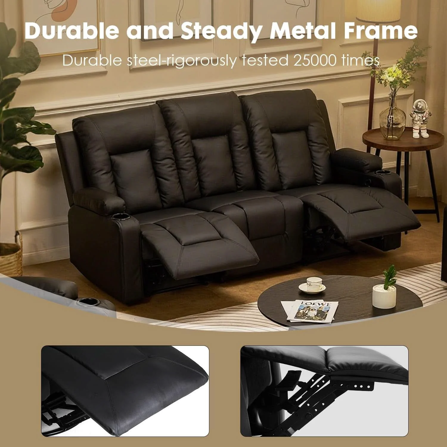 Top-Quality Black Leather Upholstered Manual Recliner Sofa Set Sophisticated