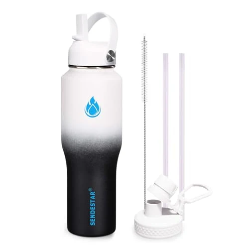 Classic 32oz Water Bottle Wide Mouth Stainless Steel Vacuum Insulated Double Wall with 2 Straw Lids Fit in Any Car Cup Holder Soft