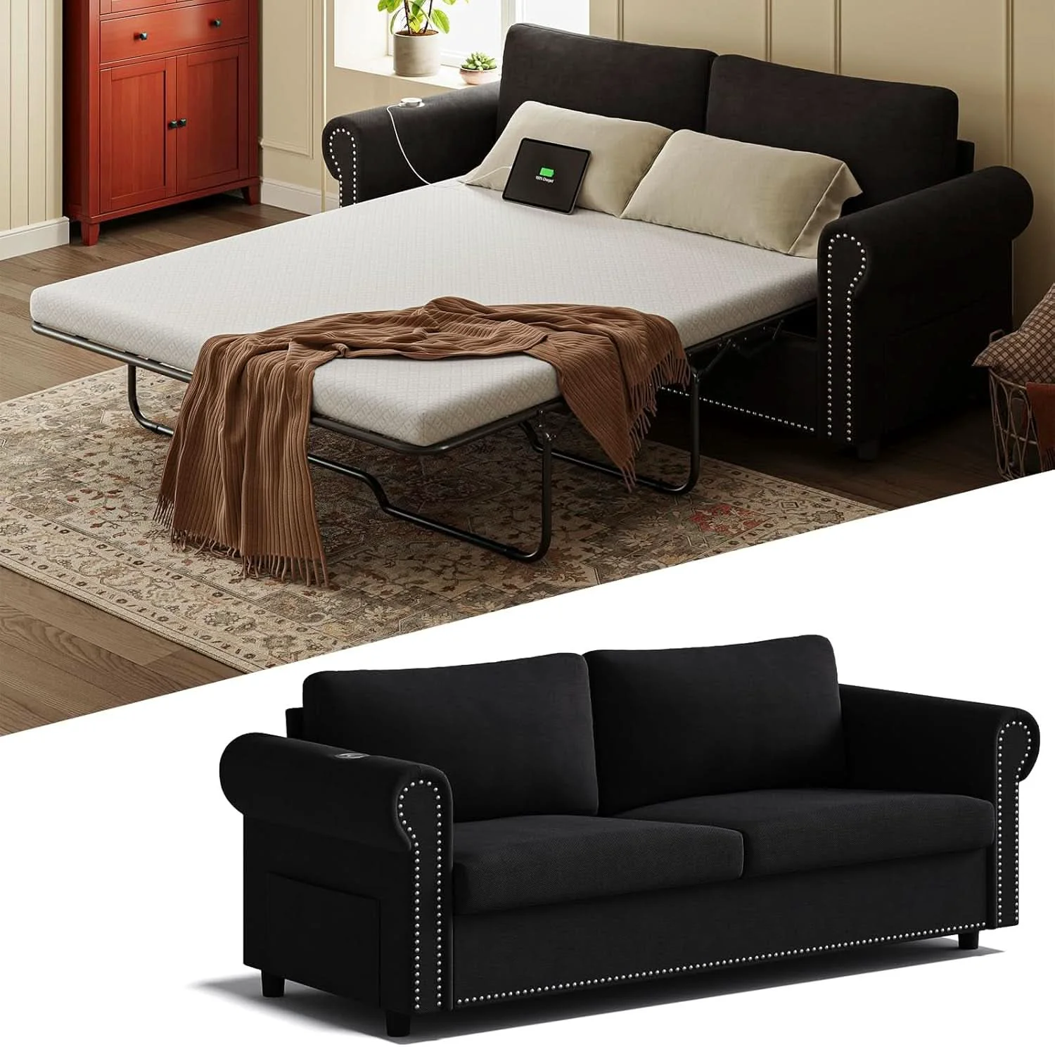 Prestigious Queen Sleeper Sofa Bed Black Ergonomic Contemporary Eco-Friendly